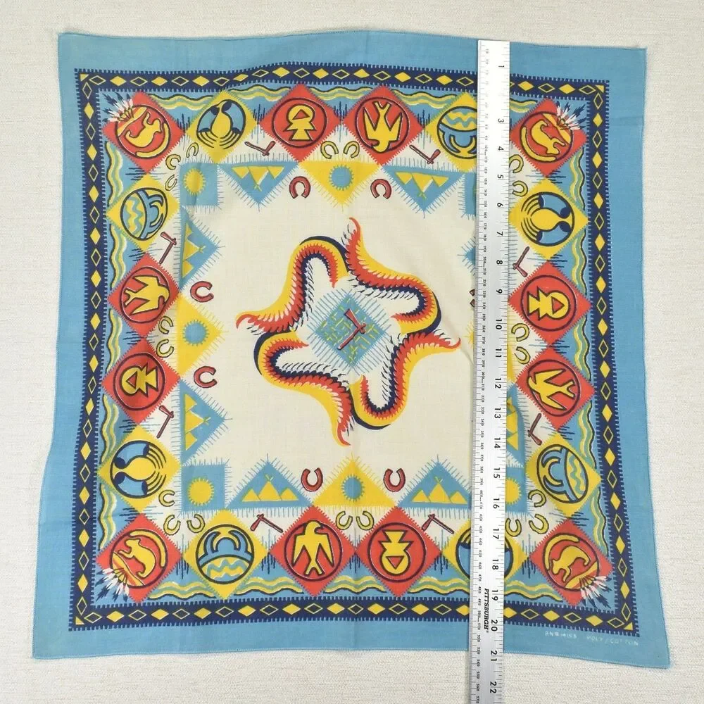 Vintage 80s Bandana Southwestern Tribal Native Print Light Blue 20.5x21 Cotton